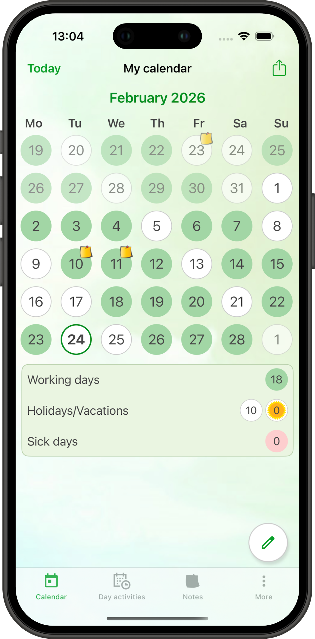 Startansicht mit Schichtkalender