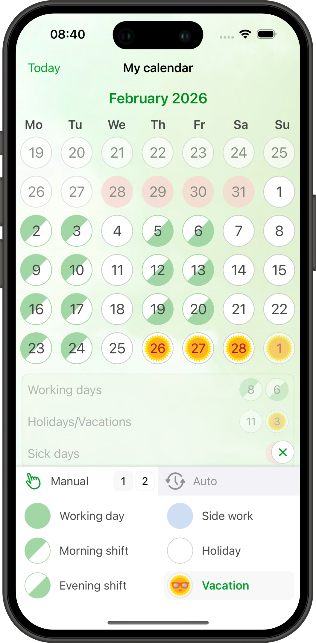Schichtkalender mit markierten Arbeitstagen