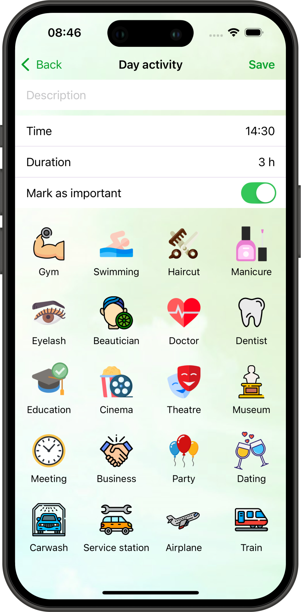 Maske zum Eintragen eines Dienstes oder Ereignisses