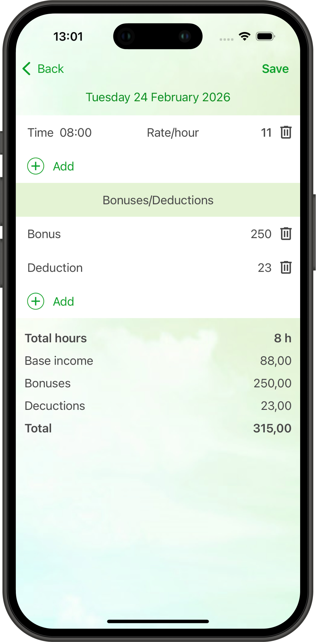 Daily hours and finances tracking